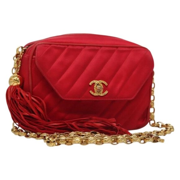 CHANEL Bias Stitch Chain Shoulder Bag Satin Red Gold CC - Picture 1 of 15